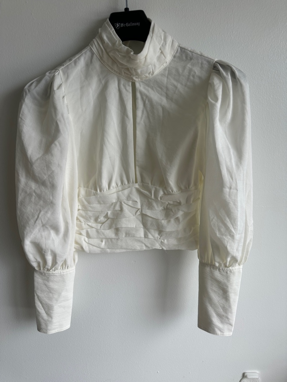 Ivory High-Neck Ruffled Waist Puff Sleeve Blouse